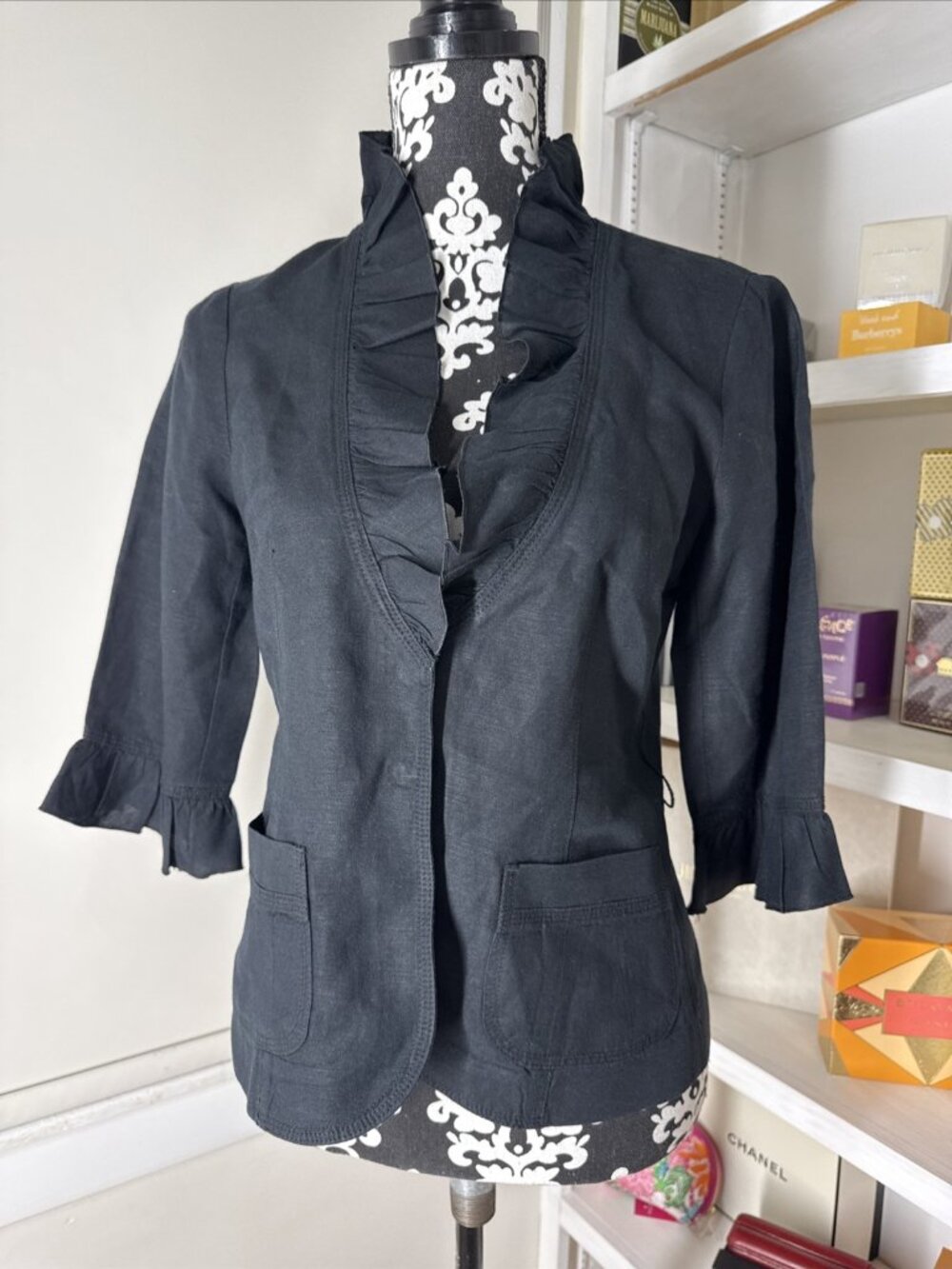 White House Black Market Bell Sleeve Linen Blend Jacket Ruffle Front Lightweight